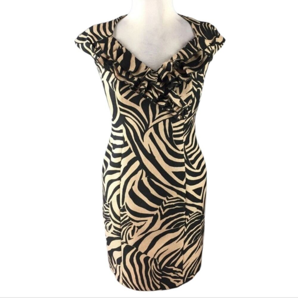 Kay Unger New York Zebra Print Ruffle Neck Cap Sleeve Sheath Dress Size 4